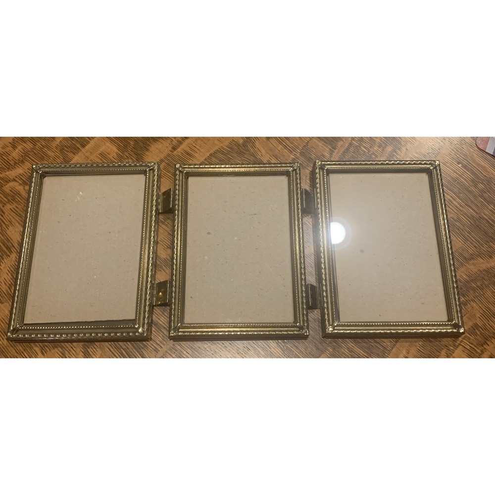 Vintage MCM Hinged‎ Gold Tone Ornate Metal Picture Frame Tri Fold 5x7